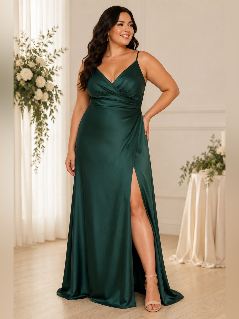 Azazie Dalilah Pine Green Stretch Satin Bridesmaid Maxi Dress A22 NWT